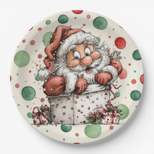 Prato De Papel Papai Noel Saindo da Caixa de Presente