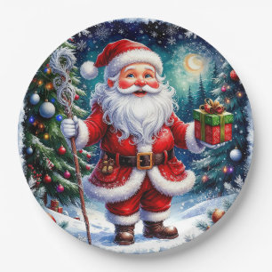 Prato De Papel Papai Noel segurando um presente em um Natal mágic