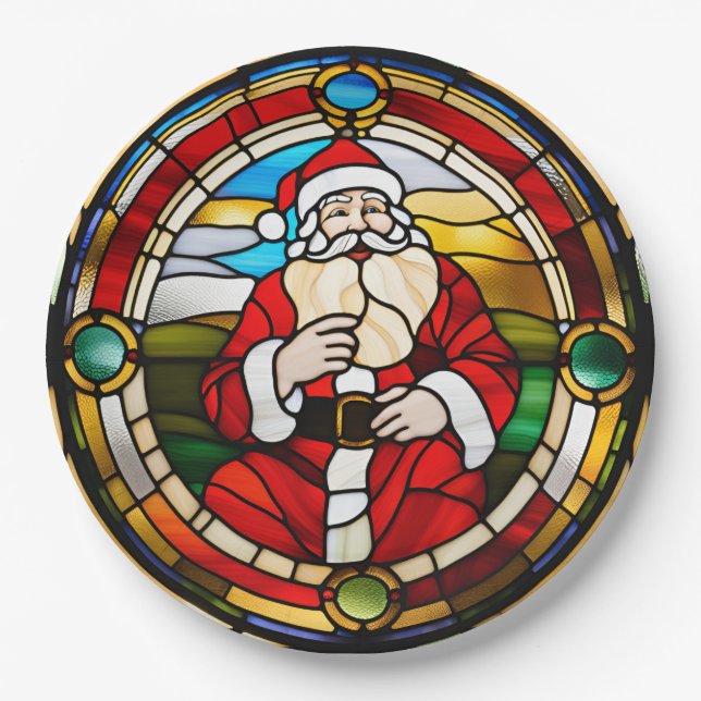 Prato De Papel Papai Noel Sentado em Falso Vidro Pintado (Frente)