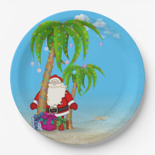 Prato De Papel Papai Noel tropical de Natal com palmeiras