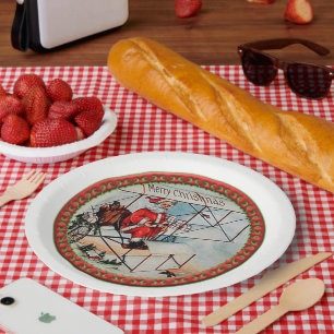 Prato De Papel Papais noeis de Natal voando em um avião antigo