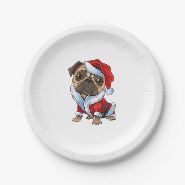Prato De Papel Papais noeis Pug Cute Pug em Papais noeis Costume (Frente)