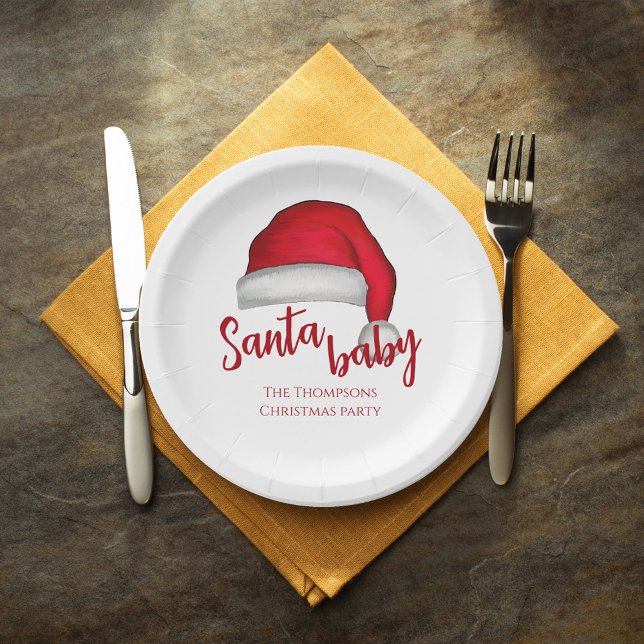 Prato De Papel Papais noeis Vermelho Simples Natal Simples (Christmas holiday custom paper plate with Santa Baby typography. )