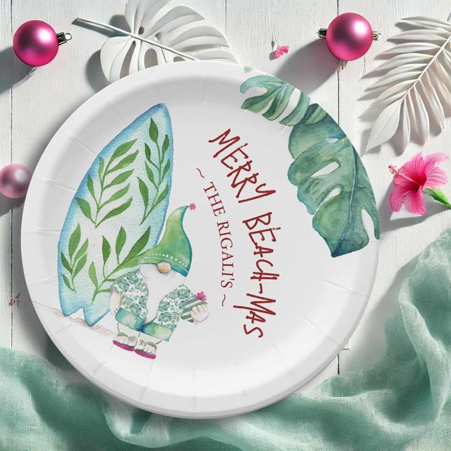 Prato De Papel Papéis de Natal em Praia Plantam Papais noeis Trop (Beach Christmas paper plates feature a watercolor Santa on the beach with a surfboard. )