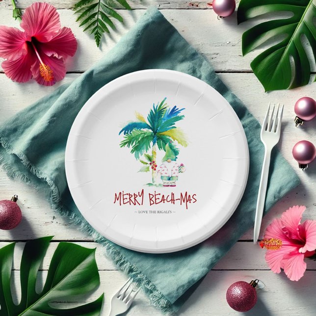 Prato De Papel Papéis de Natal Plantam Bela Praia Tropical (Tropical Christmas paper plates beach-mas watercolor art by Victoria Grigaliunas Do Tell A Belle)