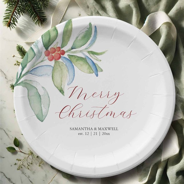 Prato De Papel Papéis de Natal Plantam Verde Festivo Simples (Paper plates for Christmas feature watercolor botanicals and Merry Christmas with you custom text)