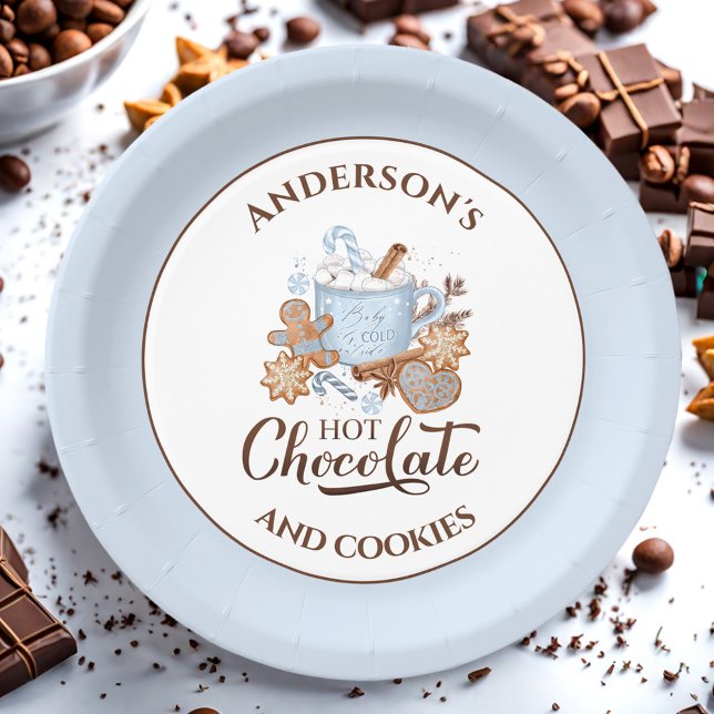 Prato De Papel Papéis de nome azul de chocolate quente (Hot Chocolate Blue Christmas Name Paper Plates)
