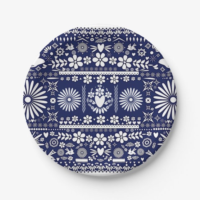 Prato De Papel Papel Azul Branco Casamento Mexicano Picado (Frente)