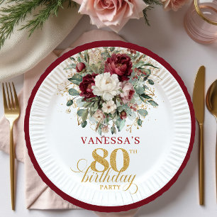 Prato De Papel Papel Boho Burgundy Floral Dourado para 80º Aniver