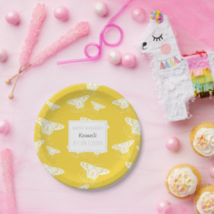 Prato De Papel Papel Branco E Amarelo Cinto Com Borboletas