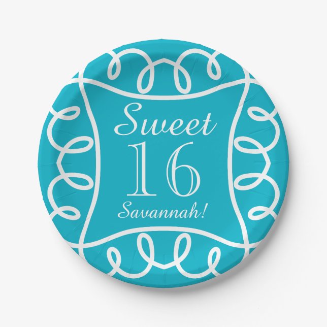 Prato De Papel PAPEL CHIQUE PLATE_ " doce 16!" TURQUOISE/WHITE (Frente)