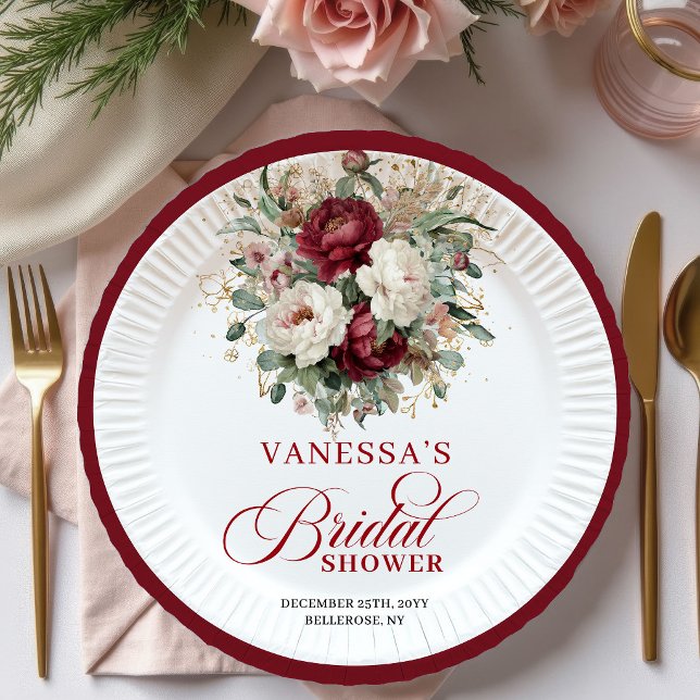 Prato De Papel Papel Clássico Marrom com Flores Douradas para Chá (Classic Maroon Floral Gold Bridal Shower Paper Plates)