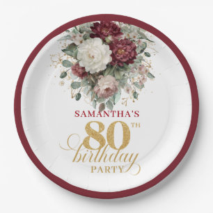 Prato De Papel Papel de Aniversário de 80 Anos Burgundy Floral El