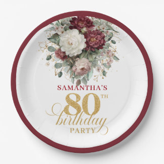 Prato De Papel Papel de Aniversário de 80 Anos Burgundy Floral El