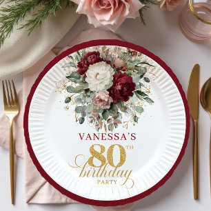 Prato De Papel Papel de Aniversário de 80 Anos Floral Borgonha Bo