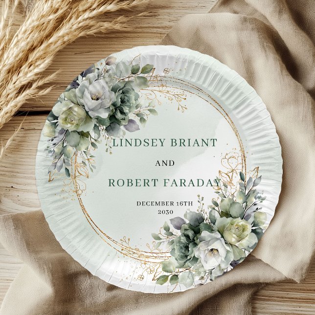 Prato De Papel Papel de casamento Boho Greenery em verde empoeira (Boho Greenery Dusty Green Eucalyptus Wedding Paper Plates)