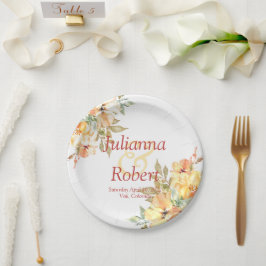 Prato De Papel Papel de casamento floral cor de laranja e amarelo
