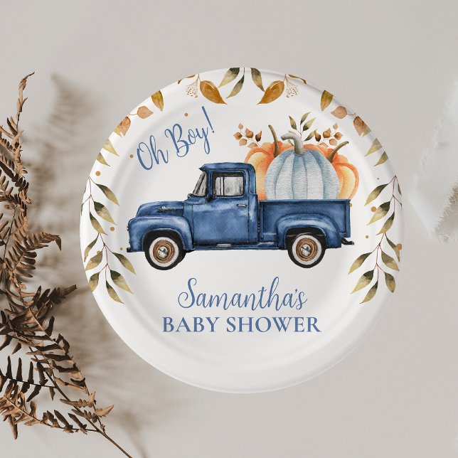 Prato De Papel Papel de Chá de fraldas de carrinho azul (Editable Blue Little Pumpkin Truck Baby Shower Paper Plate, Fall Baby Shower Napkin Boy, )
