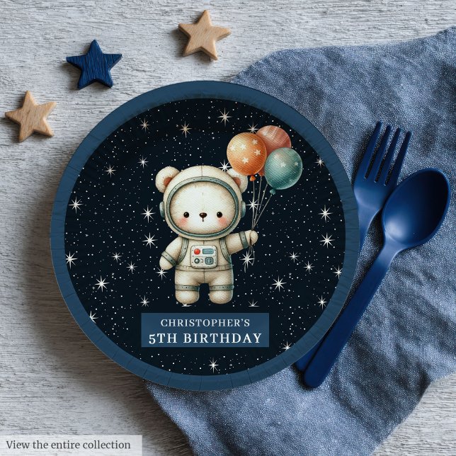 Prato De Papel Papel de Chá do Astronauta do Urso de Teddy Coloca (Teddy Bear Astronaut Shower Paper Plates Baby Boy)