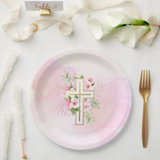 Prato De Papel Papel de Dedicação de Bebê com Cruz Floral em Aqua