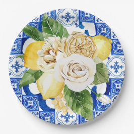Prato De Papel Papel de Impressão de Azulejo Azul Limão Mediterrâ