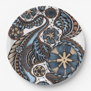 Prato De Papel Papel Elegante com Estampa de Paisley Floral Azul