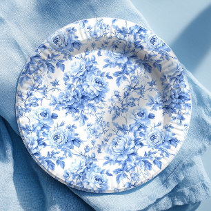 Prato De Papel Papel Floral com Rosas Toile Azul Grandmillennial 