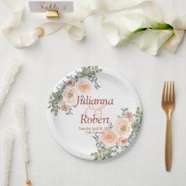 Prato De Papel Papel floral de casamento em aquarela rosa e verde