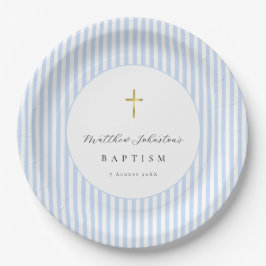Prato De Papel Papel para Batismo de Bebê Menino Azul