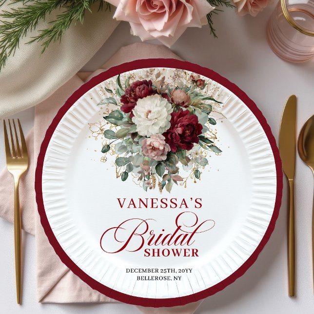 Prato De Papel Papel para Chá de Bebê Floral Borgonha Botânico (Botanical Burgundy Floral Bridal Shower Paper Plates)