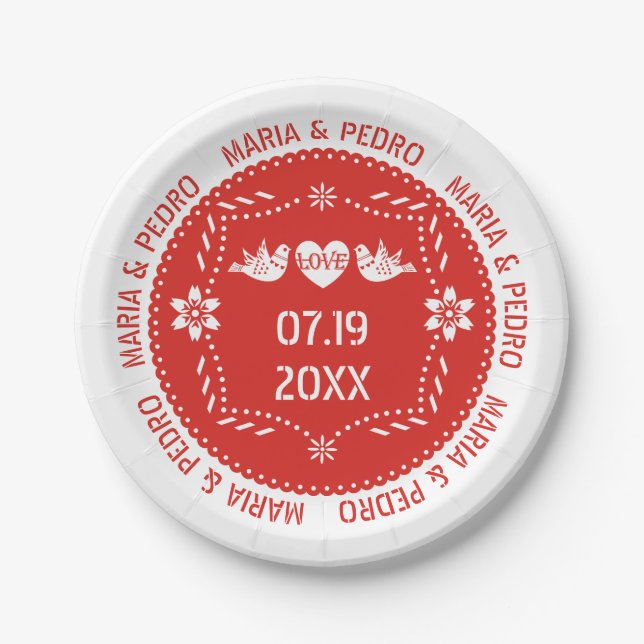 Prato De Papel Papel picado ama pássaros vermelhos casamento mexi (Frente)