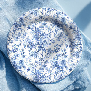 Prato De Papel Papel Plat Floral Rosas Toile Francesa Azul Atempo