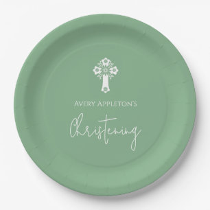 Prato De Papel Papel Plate Floral Cross Christening Sage Green