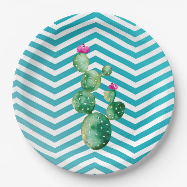 Prato De Papel Papel redondo de 9" Plate Boho Cactos Cactus Sucul (Frente)