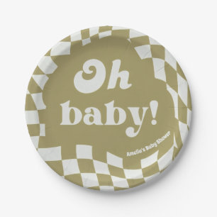 Prato De Papel Papel Retro Groovy Xadrez Verde Sage Oh Baby