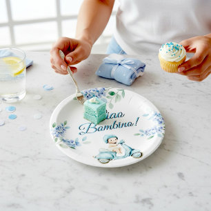 Prato De Papel Papel "Scooter Floral Azul para Bebê Menino Ciao B