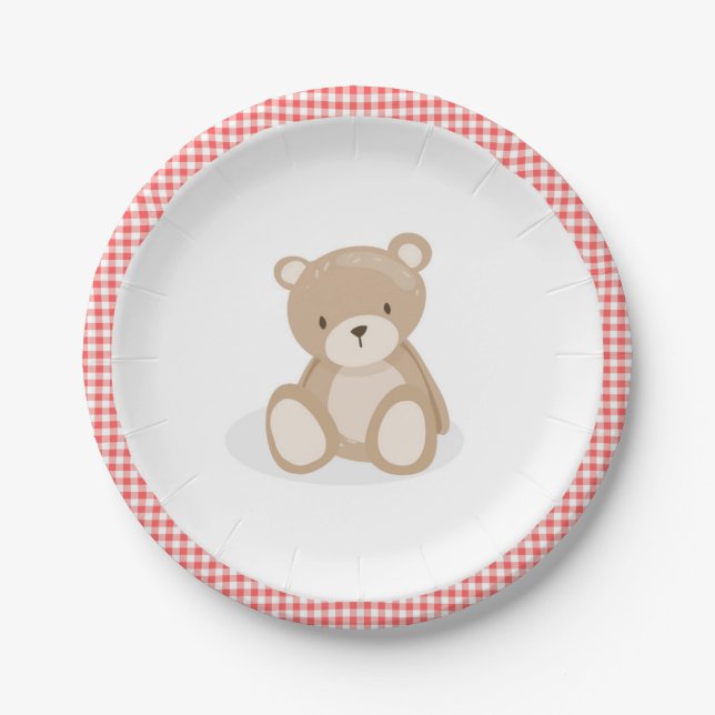 Prato De Papel Papelão-Picnic Urso Vermelho-Gingham, Aniversário (Frente)