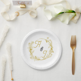 Prato De Papel Papelaria de Casamento Floral Dourada Editável 