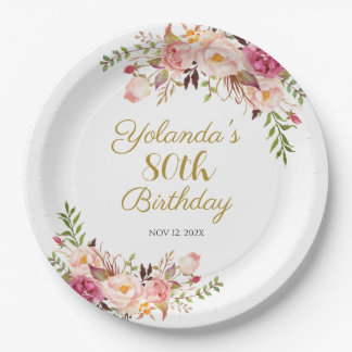 Prato De Papel Paper Plate Adult 80th Birthday, Elegant Floral