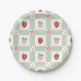 Prato De Papel Paper Plate Cute Strawberry Gingham Pastel Green