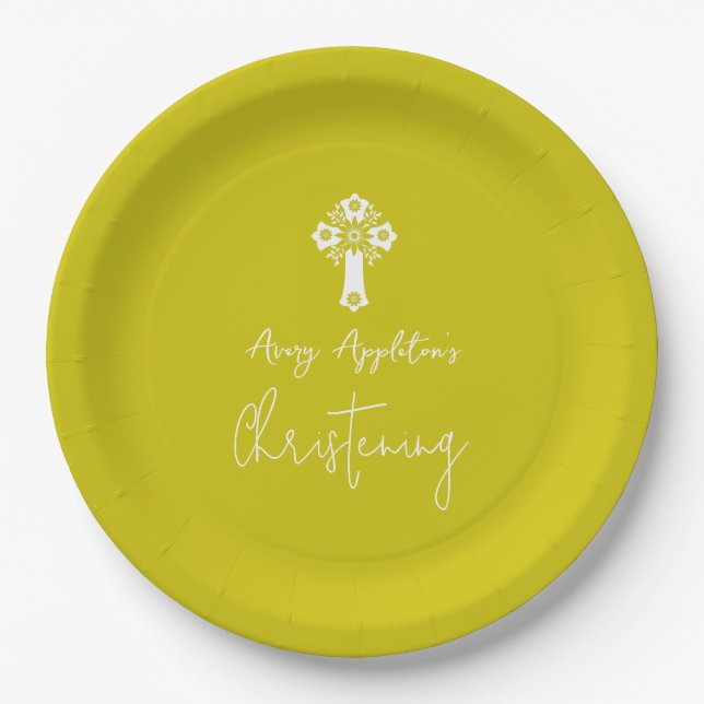 Prato De Papel Paper Plate Floral Cross Christening Yellow (Frente)