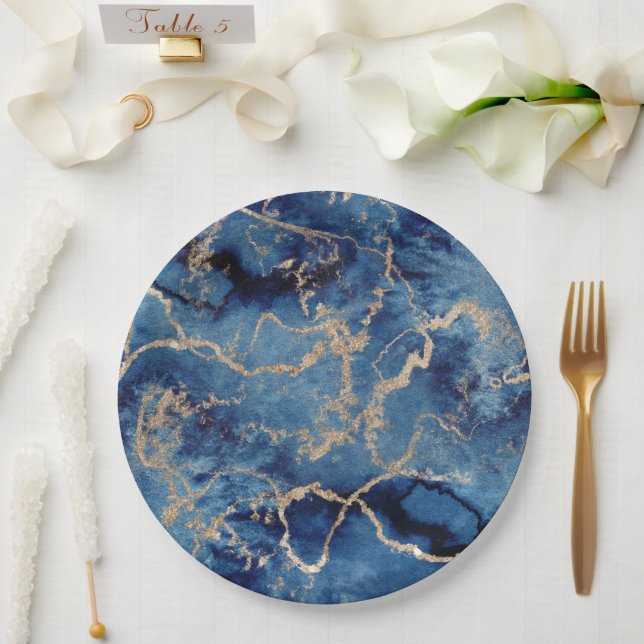 Prato De Papel Paper Plates 22,9 cm - Blue & Gold Pattern (Casamento)