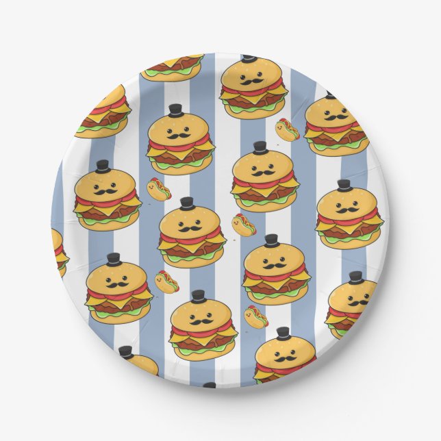 Prato De Papel Paper Plates, Blue & White Stripe Hotdog Hamburger (Frente)