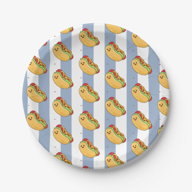 Prato De Papel Paper Plates, Blue & White Stripe Hotdogs  (Frente)