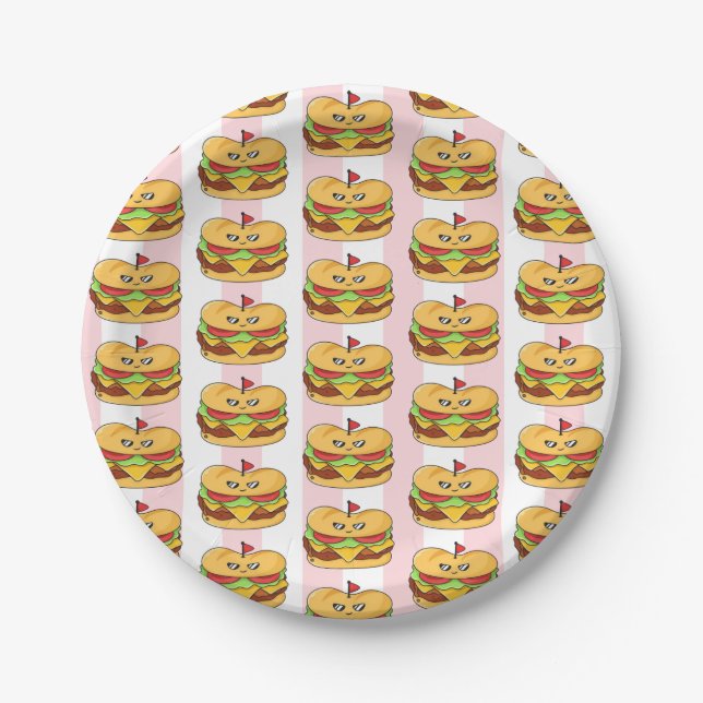 Prato De Papel Paper Plates, Pink & White Stripe Chicken Sandwich (Frente)