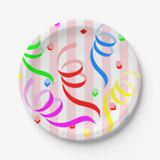 Prato De Papel Paper Plates,  Pink & White Stripe Confetti