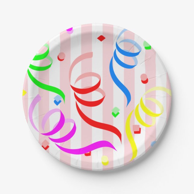 Prato De Papel Paper Plates,  Pink & White Stripe Confetti (Frente)
