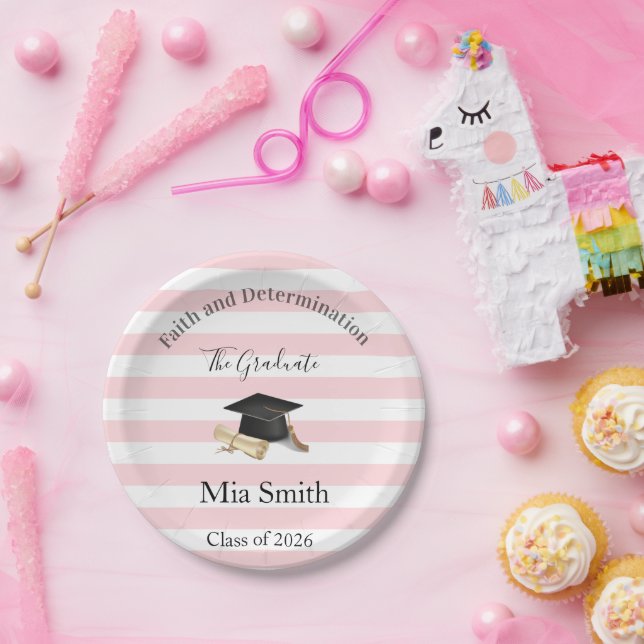 Prato De Papel Paper Plates, Pink & White Stripe Graduate 2026 (Festa)