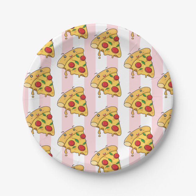 Prato De Papel Paper Plates, Pink & White Stripe Pizza Cheese (Frente)