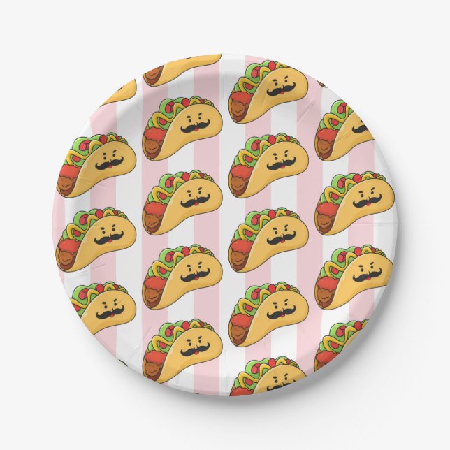 Prato De Papel Paper Plates, Pink & White Stripe Tacos (Frente)